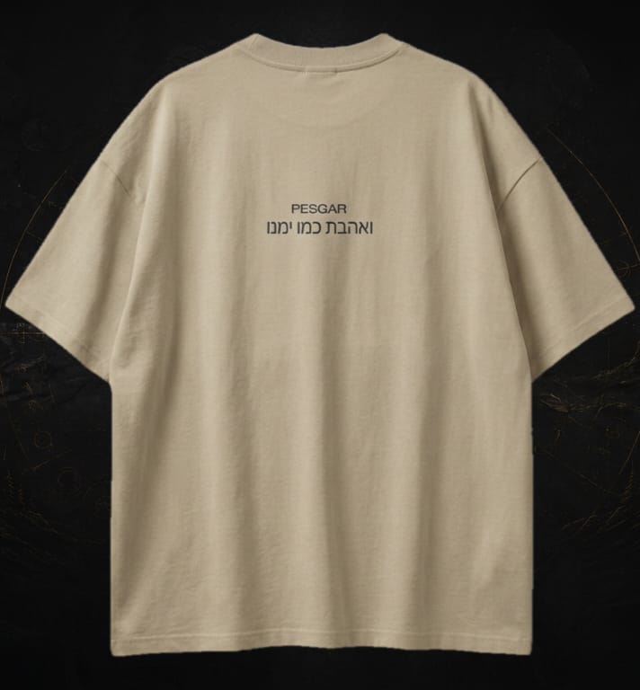 Beige t-shirt with text on the back against a black background
