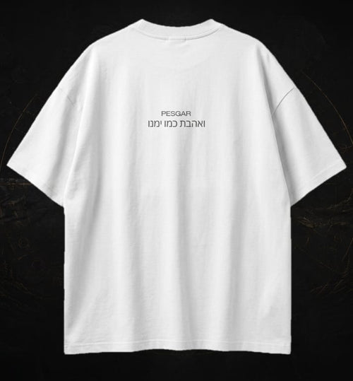 White t-shirt with black text on a black background