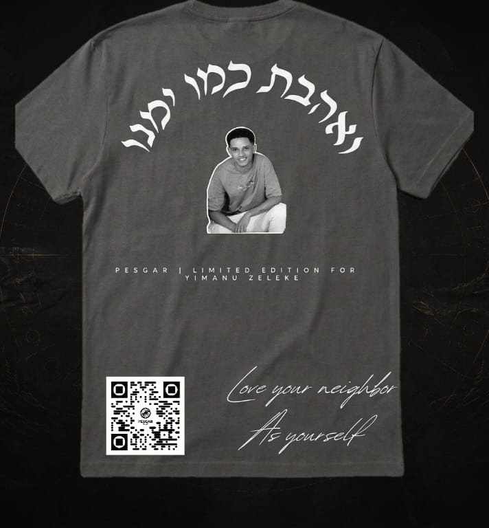 Gray t-shirt with a QR code and text on a dark background